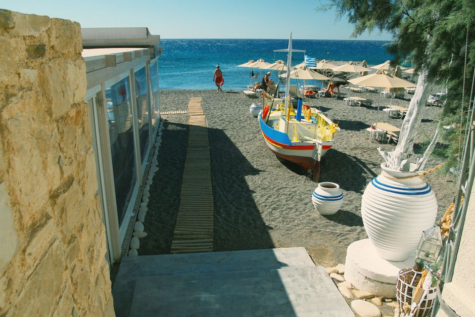 Perissa Beach Santorini black sand beach bars