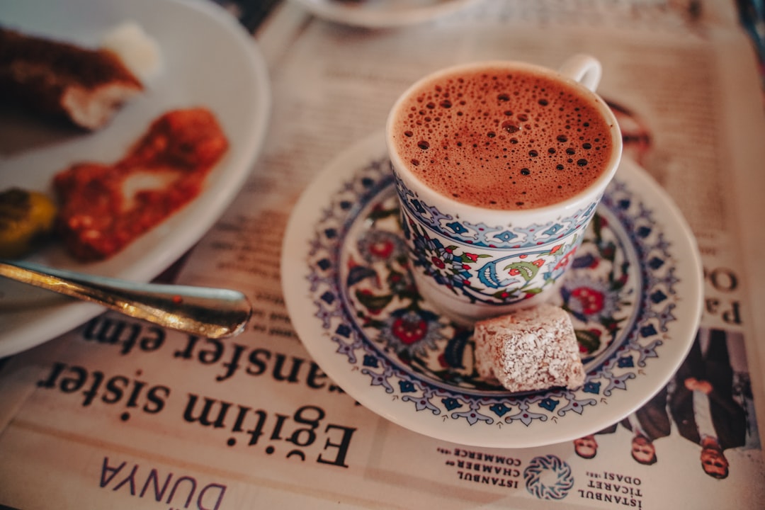 Traditional Bosnian coffee dzeva lokum Turkish delight table setting