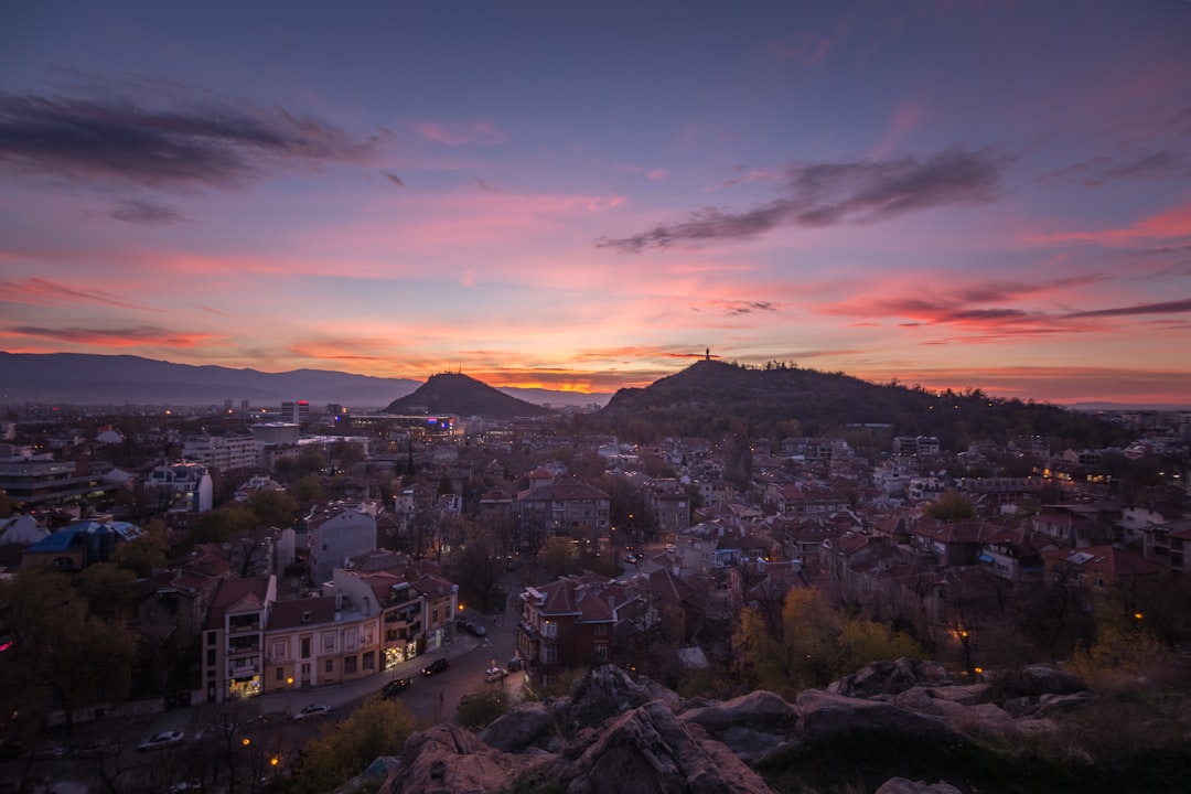 Stone Bridge Plovdiv Bulgaria Maritsa River sunset view city skyline